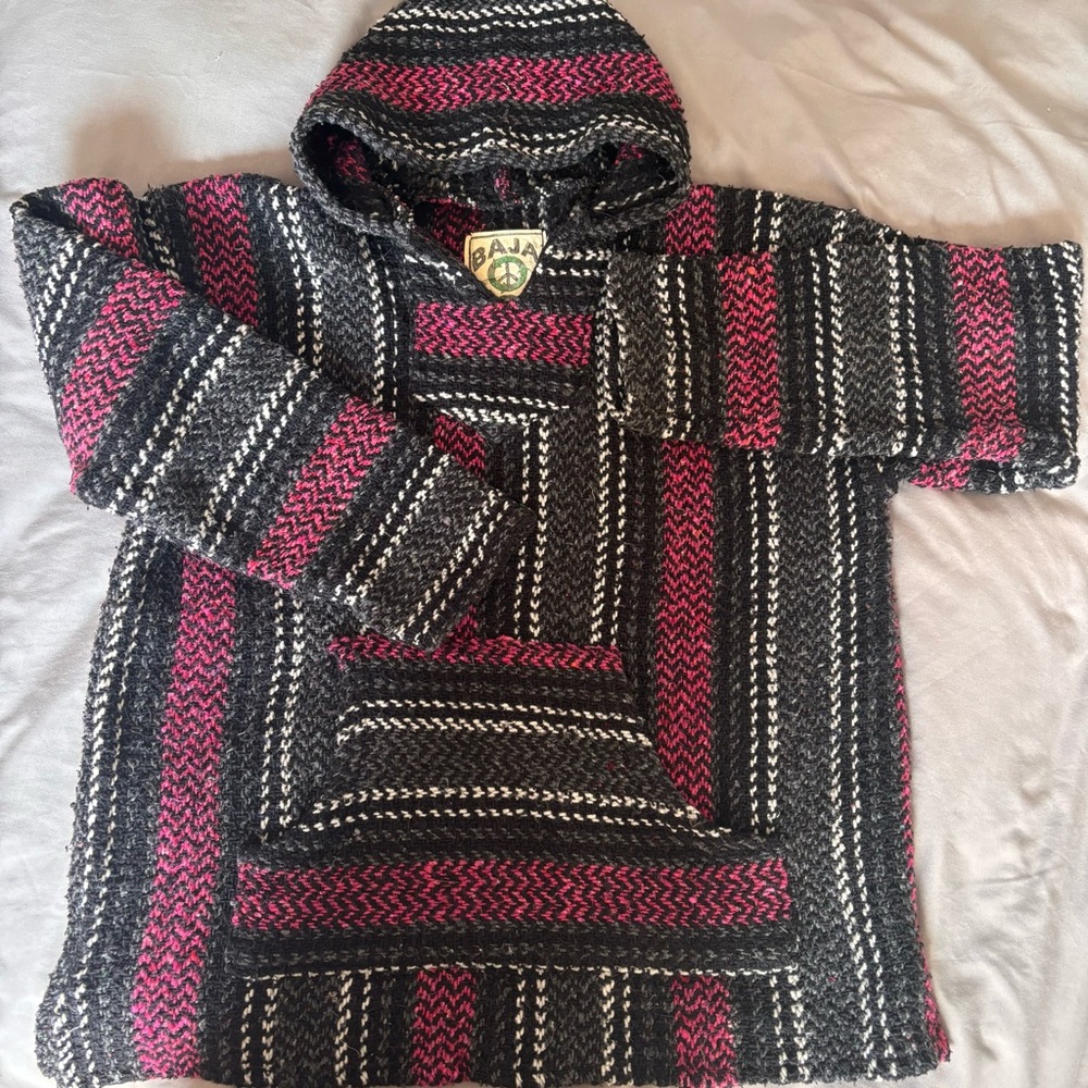 Baja Joe Mexican Beach Hoodie Pullover Pink Black Stripe Festival Surf Poncho